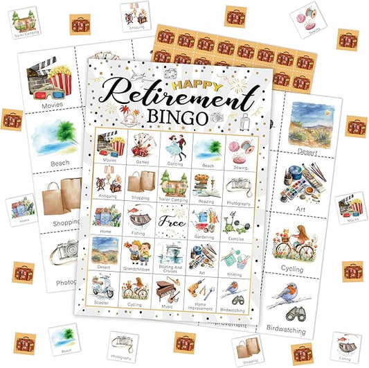 Retirement Party Bingo Card, Happy Retirement Party Bingo Game For Adults Friends Colleagues, Farewell Party Bingo Set, Black Gold Retirement Party Decorations, Office Games For 24 Players -03