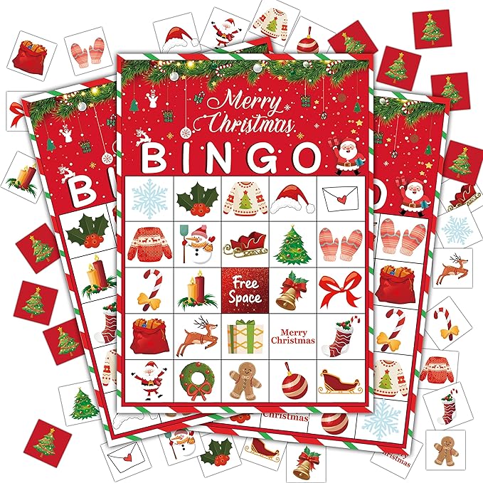 Christmas Bingo Game, Christmas Bingo Games for Family, Xmas Party Games Bingo Cards, Christmas Party, Birthday, Winter Party Favors Supplies Decorations, 24 Players Bingo Game (A07)