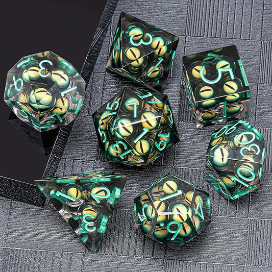 DND Resin Dice Mix Eyeball Dice Set 22-32mm Large Sharp Edged Dice Set with Box, Dungeons and Dragons Polyhedral D&D Role Playing Board Game D&D Dice Set D20 D12 D10 D8 D6 D4 (Green Eyes+Green Ink)