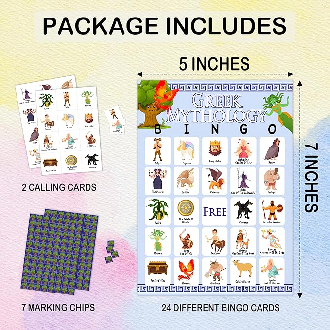 Greek Mythology Bingo Games, Ancient History Travel Trip Bingo Cards, Greek Theme Party Game for Adults Family, Christmas Party Activities, 24 Bingo Sets, A005