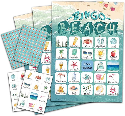 Beach Bingo Game, Party Games with 24 Players, Family Activities, Bingo Cards for Party Supplies, Party Favors Gifts for Young Adults - beach02