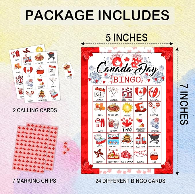 Canada Day Bingo Games, Travel Trip Bingo Cards, 1st of July Canada Theme Party Game for Adults Family, Christmas Party Activities, 24 Bingo Sets, A002