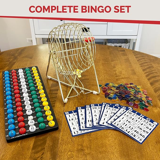 MR CHIPS 11" Tall Bingo Set with Steel Cage Professional Game Everlasting 7/8” Balls, 18 Cards and 300 Chips - Luxury Gold Color
