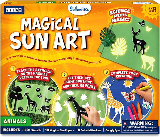Skillmatics Sun Paper Art Kit - Mess-Free DIY STEM Craft Kit for Kids, Design with Stencils, Create with Sunlight, Color with Markers, Indoor, Outdoor Play, Gifts for Ages 4, 5, 6, 7, 8, 9, 10, 11, 12