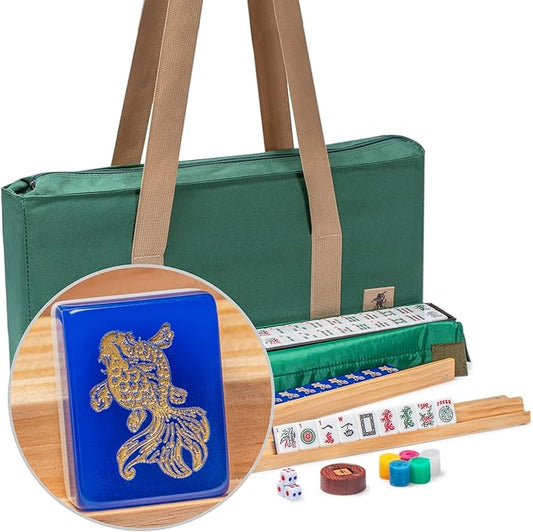 Yellow Mountain Imports American Mahjong Set, Koi Fish with Green Soft Case - Four Wooden All-in-One Racks with Pushers, Wright Patterson Scoring Coins, Dice, and Wind Indicator