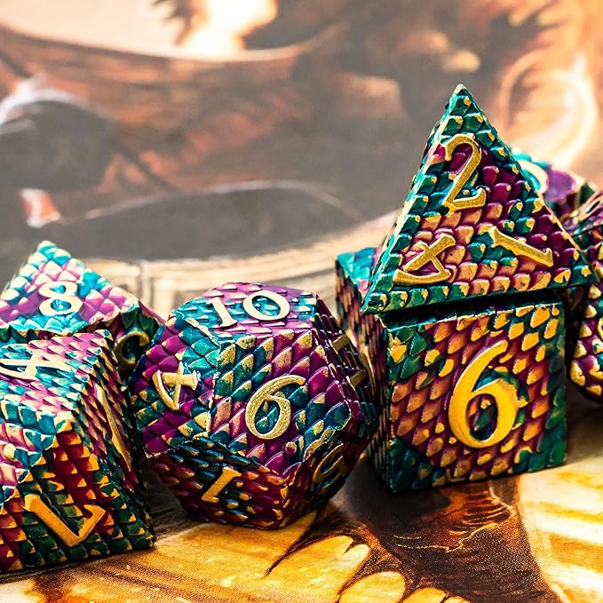 UDIXI DND Metal Dice Set Dragon Scale, D&D Dice Metal for Role Playing Games, Polyhedral Dice Set DND for Dungeons and Dragons (Blue Purple-Golden Number)