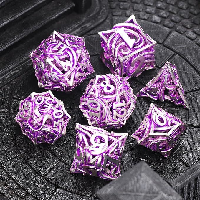 Metal DND Dice Set of 7 for Dungeons and Dragons Hollow Polyhedral Metal Vine Dice Set D&D with Case Role Playing D and D RPG Dice for Tabletop Games Ttrpg (Vine White Purple)
