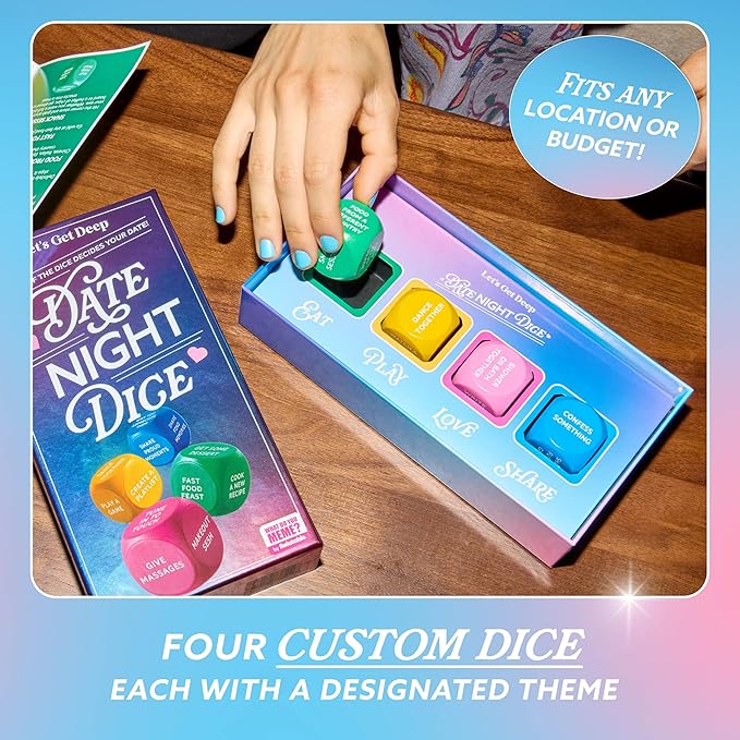 Let’s Get Deep® Date Night Dice by Relatable, Roll for 200+ Unique Date Night Ideas, Gifts, and Wedding Gifts For Couples, Includes 4 Custom Dice and Instructions, Designed For Couples Ages 18+