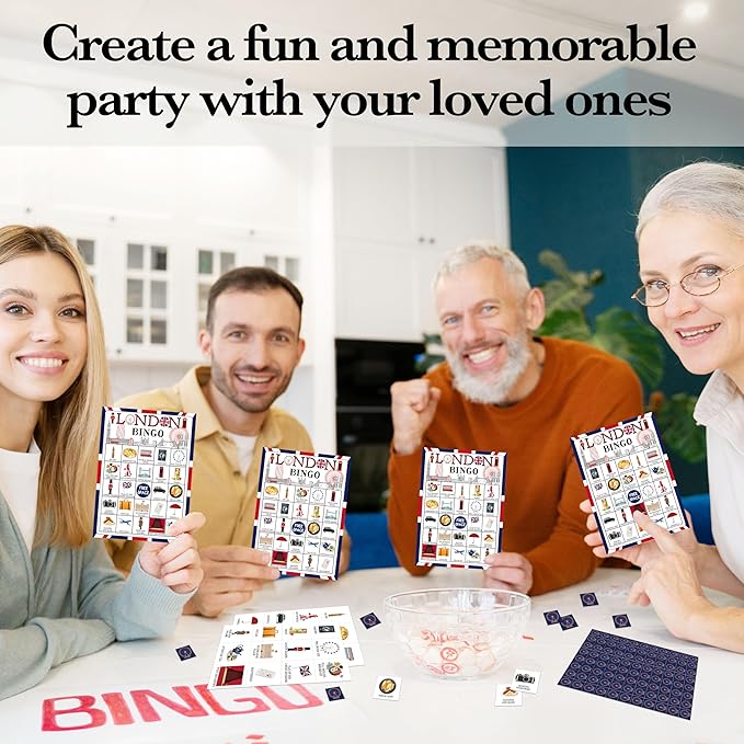 London Bingo Games, Travel Trip Bingo Cards, England Theme Party Game for Adults Family, Christmas Party Activities, 24 Bingo Sets, A003