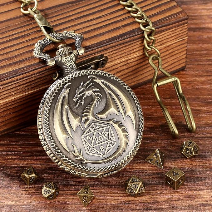 Mini DND Dice Set with Steampunk Dragon Pocket Watch Case, Tiny 7-Piece Polyhedral Metal D&D Dice, DND Gifts with Dragon Logo Gift Bag, Role Playing Game Board Game Accessories Dice, Bronze
