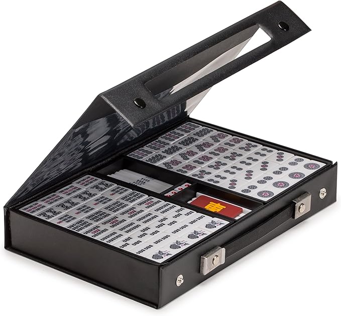 Yellow Mountain Imports Japanese Riichi Mahjong Set - White and Yellow Standard Size Tiles - with East Wind Tile and Black Vinyl Case