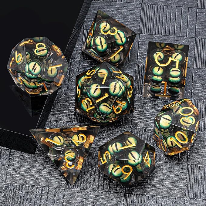 Dungeons and Dragons Dice DND Resin Mixed Eyeball Dice Set 22-32mm Large Sharp Edged Dice Set with Box, Polyhedral D&D Role Playing Game D&D Dice Set D20 D12 D10 D8 D6 D4 (Green Eyes+Gold Ink)