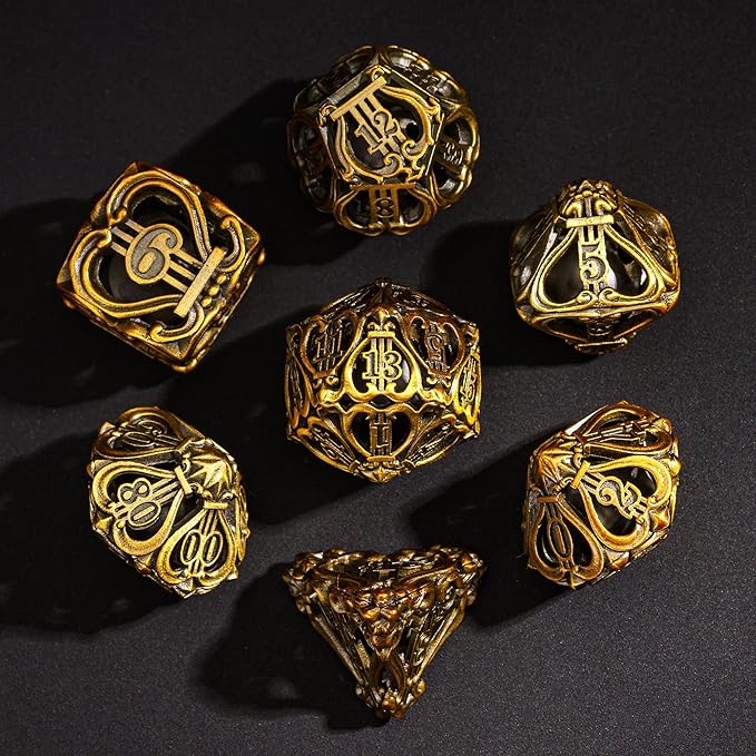 Cusdie 7-Die Metal Dice Set - Hollow Design with Bells - Crisp Sounding Gaming Dice in Tin Box - Perfect for Tabletop RPGs & Board Games(Ancient Gold)
