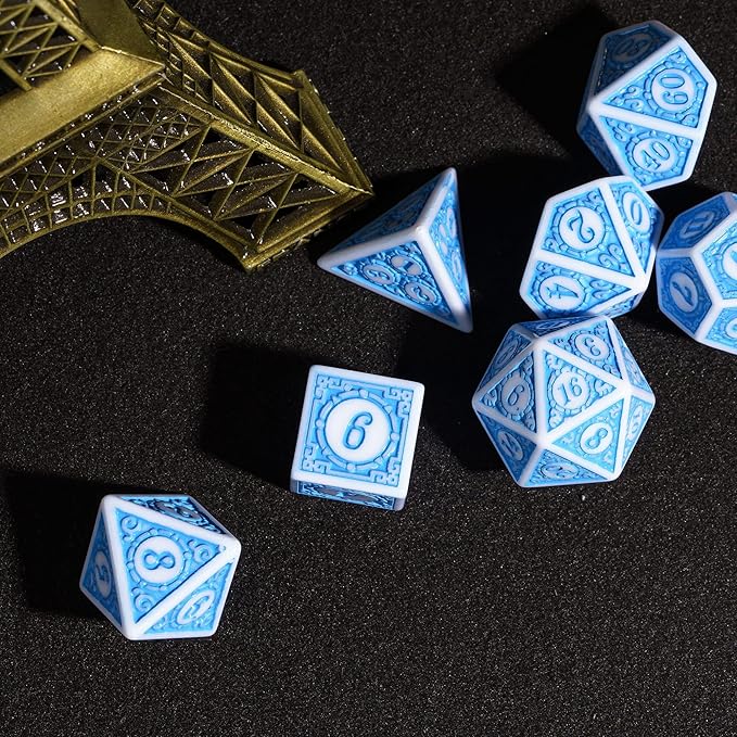 7PCs DND Dice Set, Unique Window Lattice Pattern D&D Dice Set with Leather Die Bag, Polyhedral Die for Dungeons and Dragons, RPG Table Games (Blue/White)