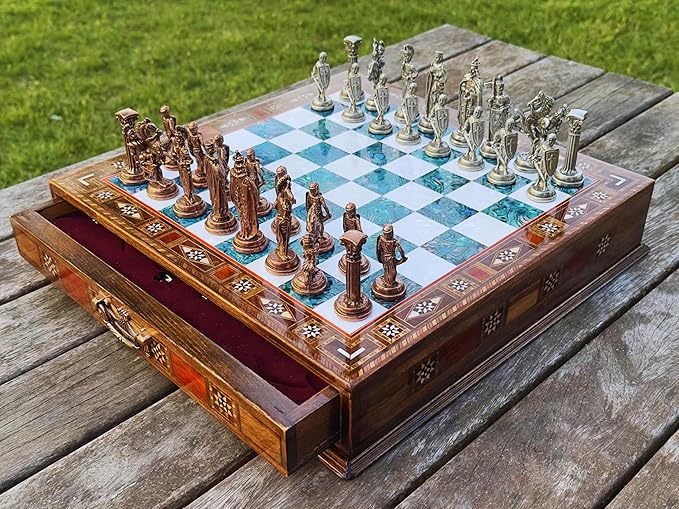 15’’ Handmade Chess Set with British Army Metal Chess Pieces, Luxury Storage Chess Board, for All Ages, Ideal for Father, (Green)