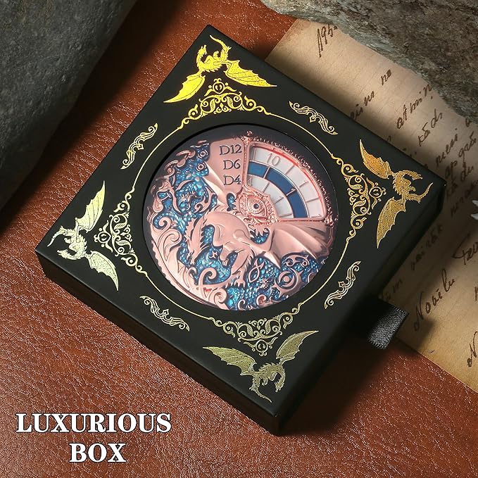 DNDND Dragon Roulette Metal Spinner Dice 7-in-1 Spinning DND Dice Set with Gorgeous Gift Box for Dungeons and Dragon and Role Playing Game(Rose Gold with Teal)