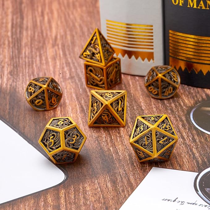 Hollow Metal DND Game Dice Dragon Design Ancient Gold 7Pcs Set for Dungeons and Dragons RPG MTG Table Games D&D Pathfinder Shadowrun and Math Teaching (with Metal Case)