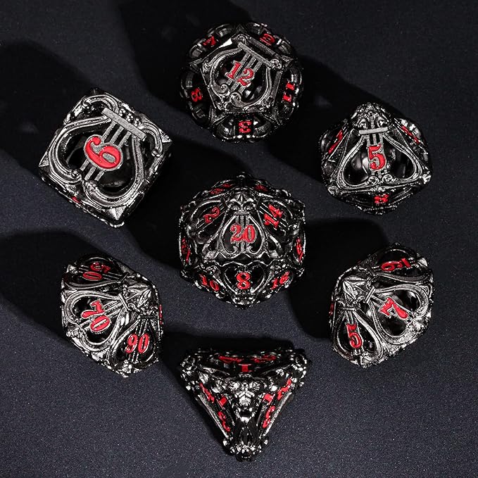 Cusdie 7-Die Metal Dice Set - Hollow Design with Bells - Crisp Sounding Gaming Dice in Tin Box - Perfect for Tabletop RPGs & Board Games(Black w/Red Numbers)