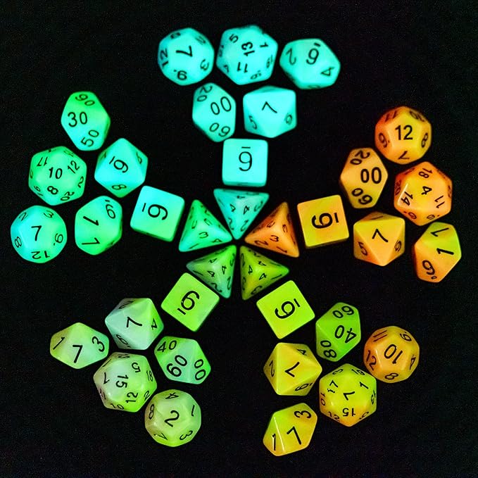 5 Sets Glow in The Dark DND Dice, 35Pcs Luminous Polyhedral Dice Set with 1 Leather Dice Bag, Glowing D&D Dice for Dungeons and Dragons, RPG, MTG Table Games(5Sets/35Pcs Glowing Dice)