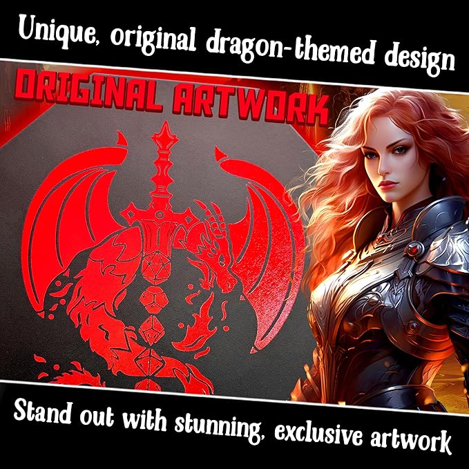 Deep Red Fire Dragon Dice Tray with Dice Sword Artwork – 9" Octagon with Lid, Holds 5 Dice Sets – Perfect for D&D, Call of Cthulhu, Shadowrun, and All Tabletop RPGs
