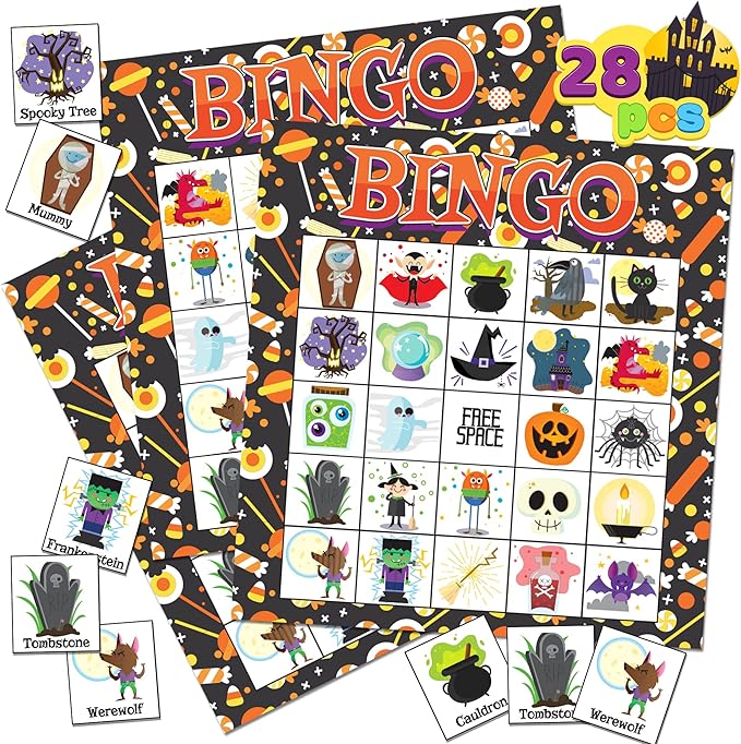 JOYIN 28 Players Halloween Bingo Cards Set, Halloween Bingo Game for School Classroom Family Group Activities, Halloween Party Supplies Adults Kids Indoor Board Games
