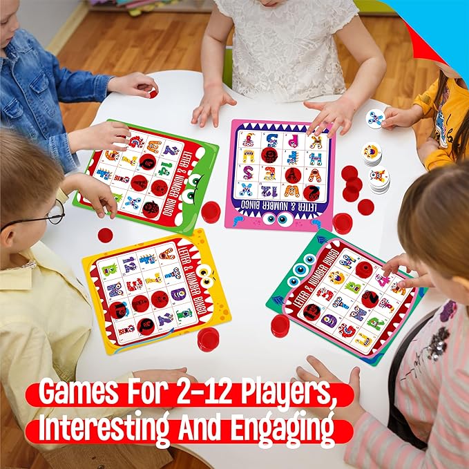 SpriteGru Monster Theme Bingo Game, Uppercase Letters & Numbers Learning, Alphabet ABC and 123 Bingo Board Game for Kids, Preschoolers, Perfect for Classroom & at Home (Up to 12 Players)