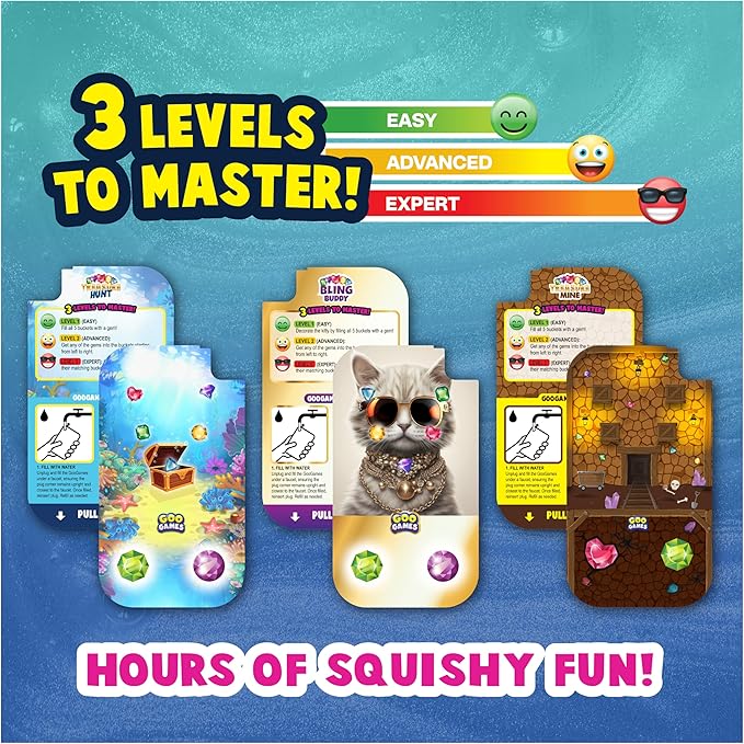 GooGames, Hand-Held Water Games with Floating Treasures, Sensory Fidget Game Adventures, Non-Toxic, No-Mess, Mesmerizing Glitter Fun, 3 Game Cards Included, Refillable, Perfect Travel Toy! (Gems)