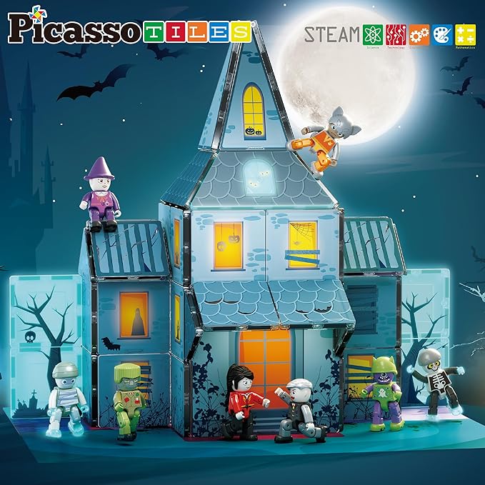 PicassoTiles Haunted House Theme Magnet Tile Building Blocks 8 Action Figures Magnetic Construction Toy Double Sided Printing Education STEM Learning Playset Halloween Adventure Kid Ages 3+ PTQ03