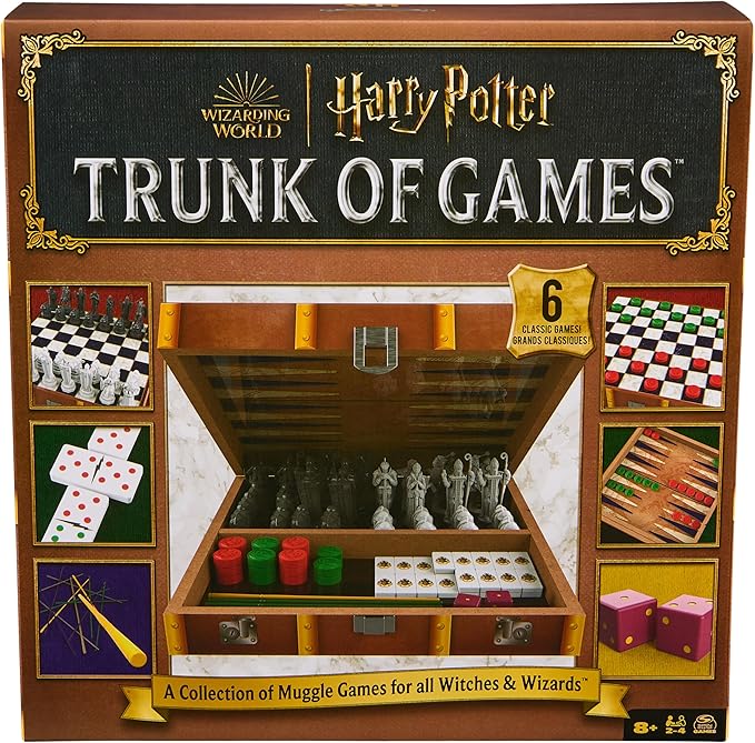Spin Master Games, Wizarding World of Harry Potter Trunk of Games 6-in-1 Wooden Storage Box, for Muggle Fans of Harry Potter Movies, Chess Wizard, Pick-Up Wands & More, 2-4 Players, for Ages 8 & Up