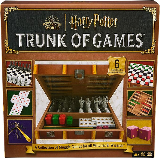 Spin Master Games, Wizarding World of Harry Potter Trunk of Games 6-in-1 Wooden Storage Box, for Muggle Fans of Harry Potter Movies, Chess Wizard, Pick-Up Wands & More, 2-4 Players, for Ages 8 & Up