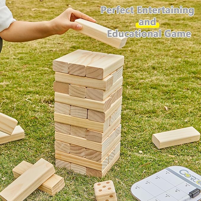 GOROCK Giant Tumble Tower Yard Games, Outdoor Game for Kids Adults Family,57 PCS Wooden Stacking Games with Scoreboard | Dice | Carrying Bag, Classic Outdoor Games for Beach Lawn Park (Over 4.2 FT)