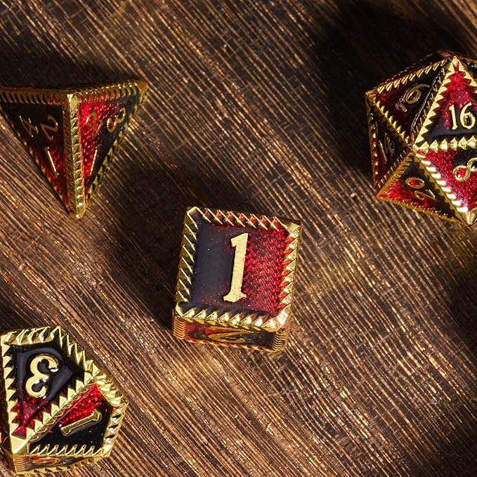 7-Die Metal DND Dice Set, Serrated Design Metal Dice Set 7 Pcs D&D Dice Set for Dungeons and Dragons Role Playing Game(RPG),Pathfinder,Table Game,Board Games(Gold Black Red)