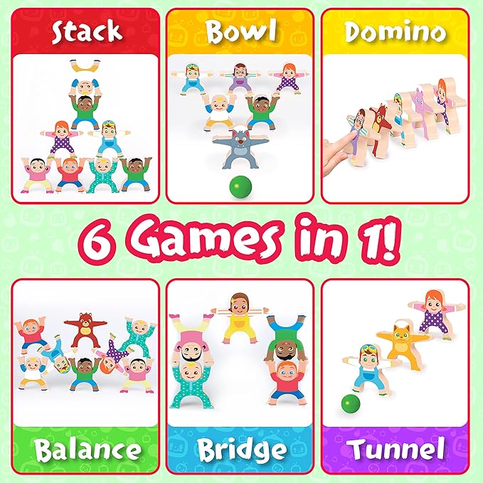 Be Amazing! Toys CoComelon Wooden Balancing Stackrobat Game- 16+ Piece Stacking Montessori Activity for Boys & Girls Ages 3+