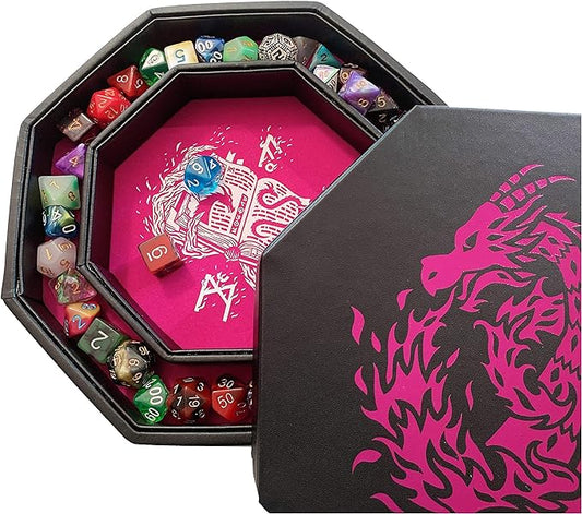 Pink Fire Dragon Dice Tray with Wizard Book Print – 9" Octagon with Dice Staging Area, Holds 5 Dice Sets – Perfect for D&D, Call of Cthulhu, Shadowrun, and All Tabletop RPGs