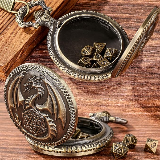 Mini DND Dice Set Steampunk Dragon Pocket Watch Shell Case, 7pcs Polyhedral Metal D&D Dice Set, DND Gifts with Gift Box for Men Women, Role Playing Board Games Accessories, Bronze