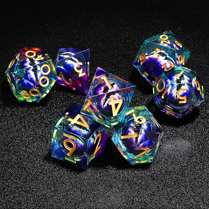 Handmade Resin Dragon Eye DND Dice Set Liquid Core Sharp Edges 7 Pieces with Gift Box for RPG Roleplaying Unique Craftsmanship (Purple-Gold)