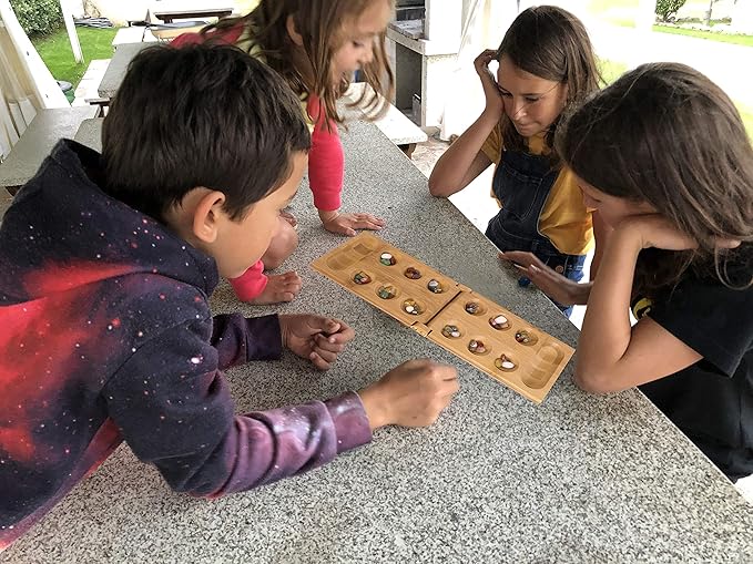 TOWO Mancala Board Game - Kalaha Board Game with Folding Wooden Board Natural Stone Pebbles -Families Board Games-Mancala Games Strategic Game for Kids Adult
