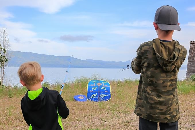 TruCast Outdoor Fishing Game, Portable Kids Fishing Game with Velcro Lures and Foldable Flat-Pack Target Board, Compact Kids Fishing Rod Travel Set, 17"x53"x29"