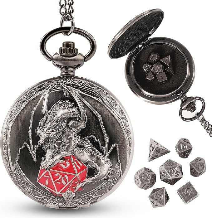 D&D Dice Set,7PCS Metal Dice for Dungeons and Dragons,Mini Dice Set with Pocket Watch Case,Role Playing Board Games Accessories (Dragon-R, Ancient Silver)