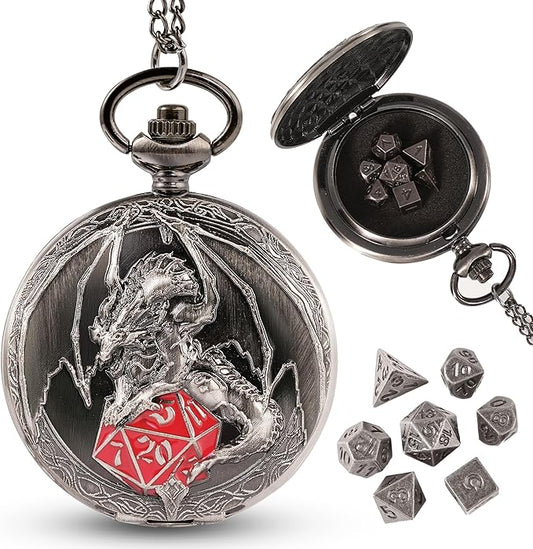 D&D Dice Set,7PCS Metal Dice for Dungeons and Dragons,Mini Dice Set with Pocket Watch Case,Role Playing Board Games Accessories (Dragon-R, Ancient Silver)