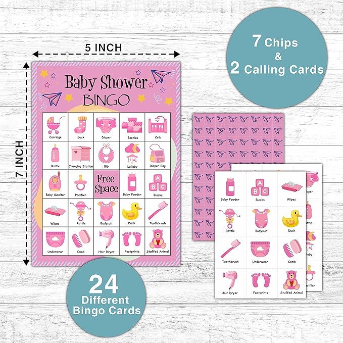Baby Shower Bingo Game Cards - 24 Players Bingo Game Set Indoor Outdoor Activities - Baby Shower Party, Gender Reveal Party Favors Supplies -A06