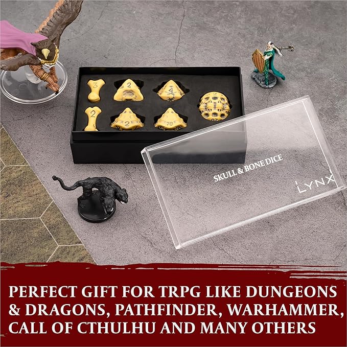 DND Dice Set - Set of 7 Polyhedral Skull & Bone RPG Dice - D20, D12,%D10, D10, D8, D6 & D4 Sided. Cool & Unique Gift for Dungeons & Dragons, Warhammer, D&D, Pathfinder, D and D Accessories. (Yellow)