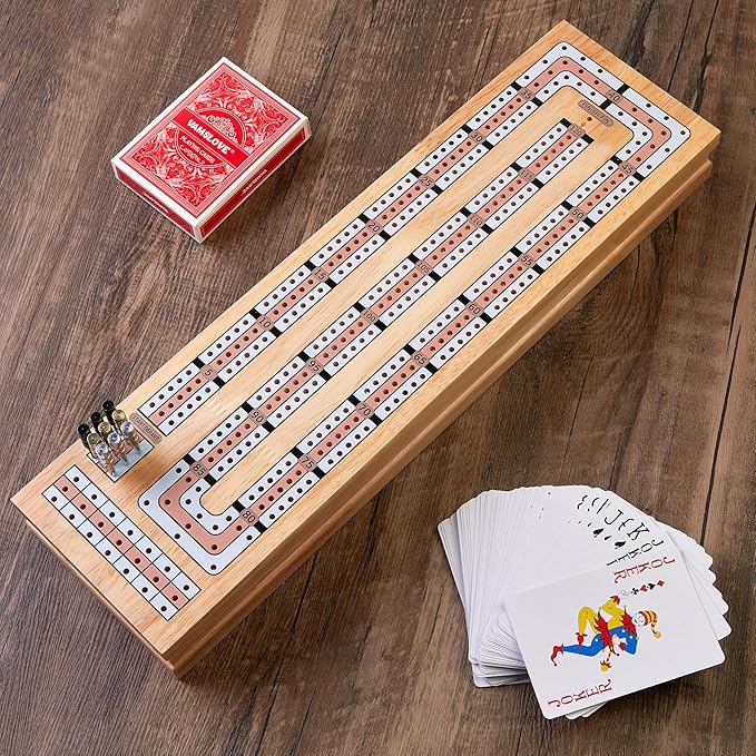 Vamslove Magnetic Cribbage Board 15'' Wooden Folding 3 Track Game Set, w/Instruction, Storage Slots for 2 Playing Cards/Pegs, Card Games for Travel Family Night