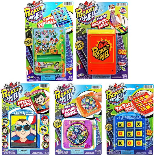JA-RU Pocket Travel Toy Set (5 Toys) Kids Mini Handheld Games. Pinball Machine, Finger Basketball, Fishing Game, Magnetic Beard, & Small Tic Tac Toe. Party Favors. 3255-3258-3257-3205-3256p