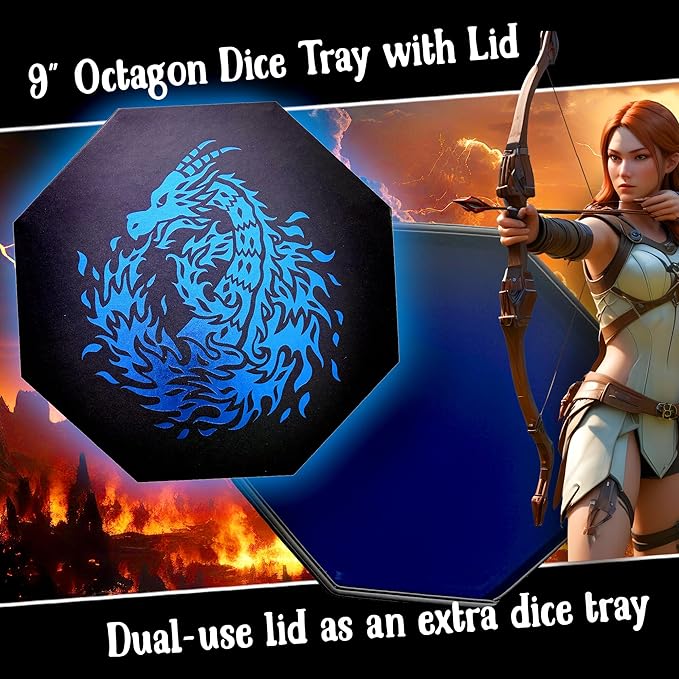 Blue Dragon Dice Tray with Spell Book Print – 9" Octagon with Lid and Dice Staging Area, Holds 5 Dice Sets – Perfect for D&D, Call of Cthulhu, Shadowrun, and All Tabletop RPGs