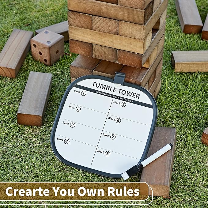 ApudArmis Giant Tumble Tower Stack to Over 5Ft, 56 PCS Pine Wooden Stacking Timber Game with 1 Dice Set - Classic Block Giant Outdoor Game (7.48 * 2.48 * 1.5In Each Block, Brown)