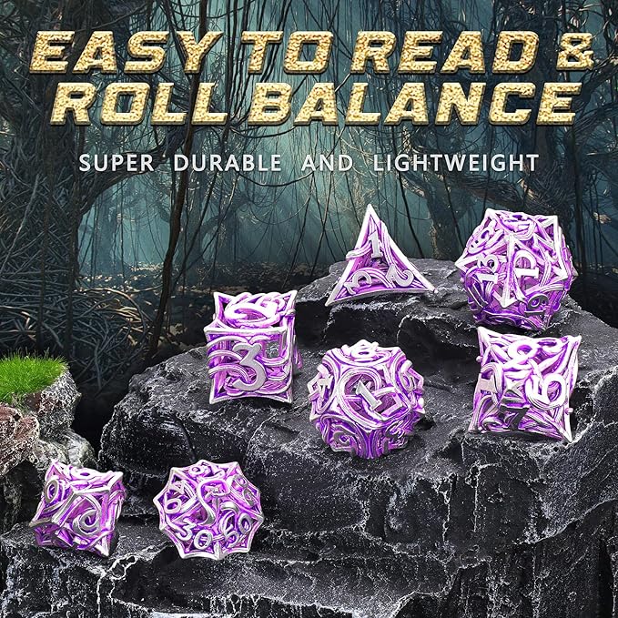 Metal DND Dice Set of 7 for Dungeons and Dragons Hollow Polyhedral Metal Vine Dice Set D&D with Case Role Playing D and D RPG Dice for Tabletop Games Ttrpg (Vine White Purple)