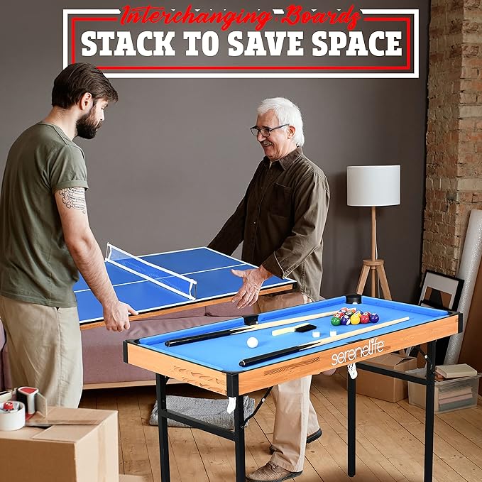 SereneLife 4 in 1 Multi Game Table, 4’x2’ Folding Portable Sports Arcade Games with Accessories, Ping Pong, Air Hockey, Pool Billiards, and Shuffleboard, for Indoor, Outdoor, All Ages
