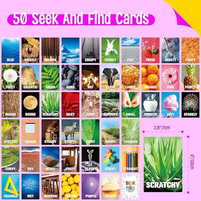 SpriteGru Seek and Find Scavenger Hunt Card Game, 50 Seek and Find Cards, Funny Games for Family, Toddlers, Kids, Adults-Outside, Yard, Camping Activities