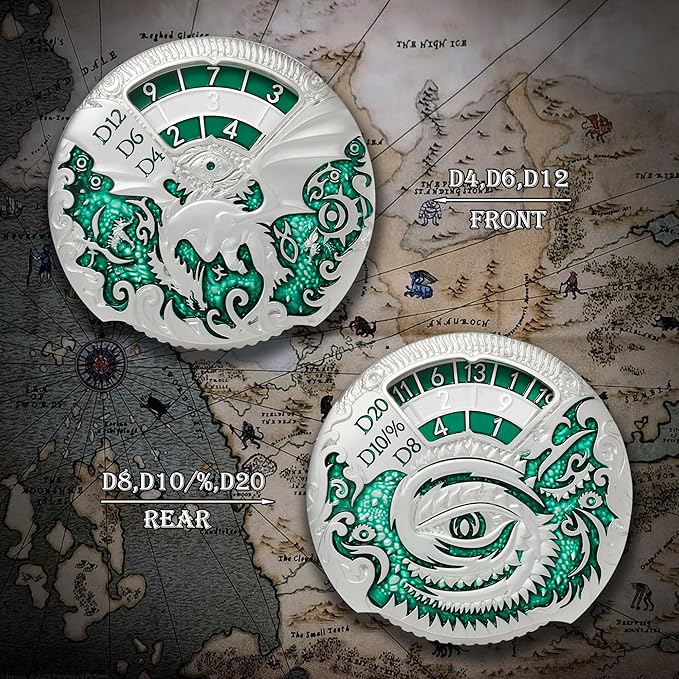 DNDND Dragon Roulette Spinner Metal Dice 7-in-1 Fidget Spinner DND Dice Set with Gorgeous Gift Box for Dungeons and Dragon and Tabletop Game (Silver with Green)